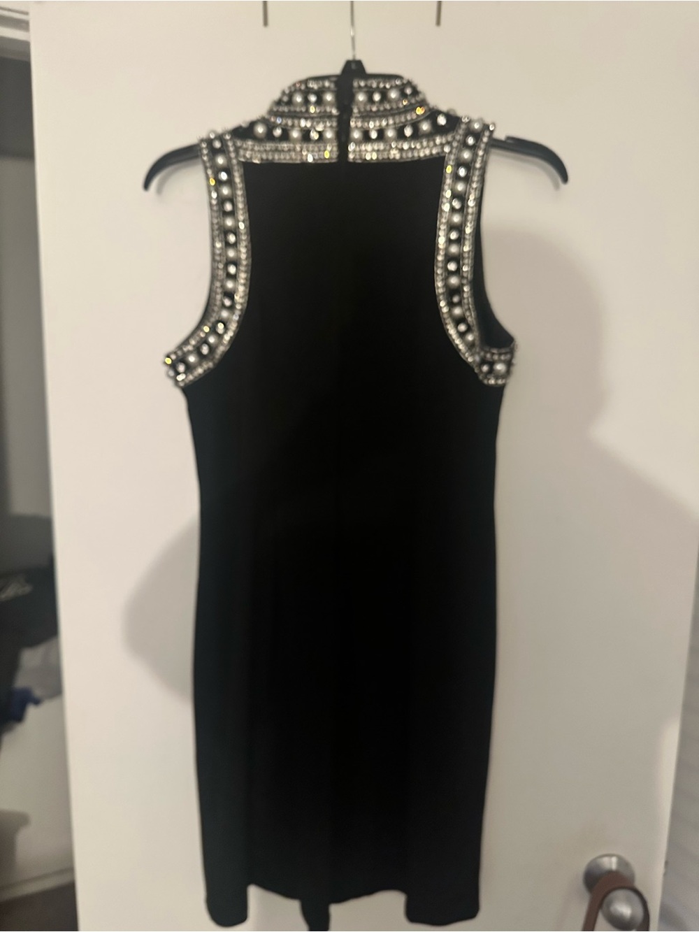 Sleeveless Black Midi Dress with Jewel-Embellished Mock Neck - Picture 4 of 8